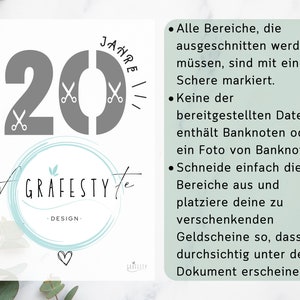 20 Geburtstag Geldgeschenk Geldverpackung für Geburtstag Geschenk mit Geld Geld 20 Geburtstag Sofort Download ZUM AUSDRUCKEN zdjęcie 5