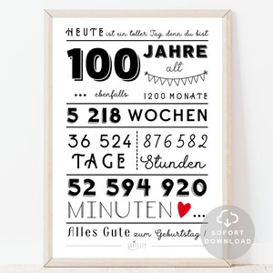 100 Geburtstag Poster | Minuten, Stunden, Tage, Monate, Jahre Geburtstag | 100. Geburtstag Deko-Karte |  Sofort Download | ZUM AUSDRUCKEN