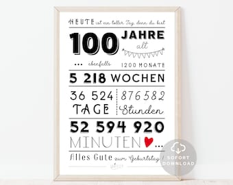 100 Geburtstag Poster | Minuten, Stunden, Tage, Monate, Jahre Geburtstag | 100. Geburtstag Deko-Karte |  Sofort Download | ZUM AUSDRUCKEN