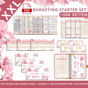 SPARCHALLENGES mit XXL Budget Planer Starter Set | Für A6 Geldumschläge | Deckblätter Tracker | PDF Finanzplaner Sparbinder | Cherry Blossom