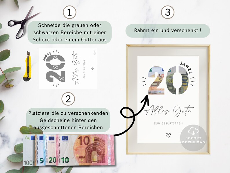 20 Geburtstag Geldgeschenk Geldverpackung für Geburtstag Geschenk mit Geld Geld 20 Geburtstag Sofort Download ZUM AUSDRUCKEN image 4