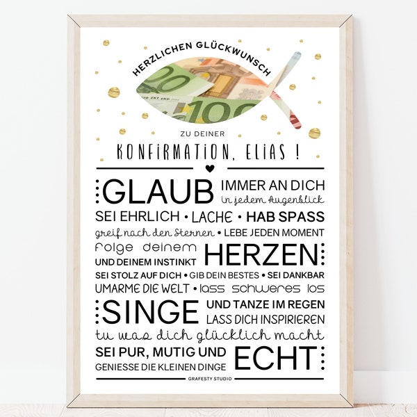 Personalisiertes Fisch Geldgeschenk zur Konfirmation für Junge und Mädchen | Konfirmation Geschenk mit Vorname |  Zum selbst ausdrucken