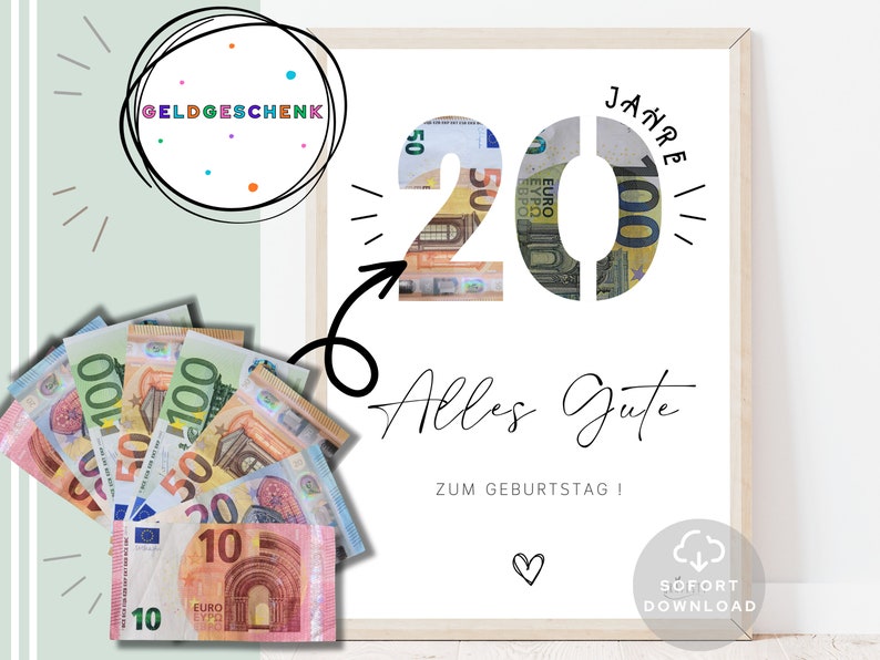 20 Geburtstag Geldgeschenk Geldverpackung für Geburtstag Geschenk mit Geld Geld 20 Geburtstag Sofort Download ZUM AUSDRUCKEN zdjęcie 2