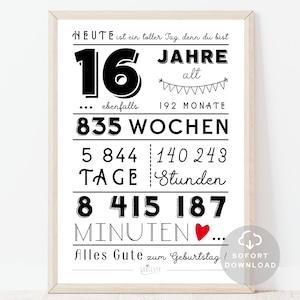 16. Geburtstag Mädchen | 16. Geburtstag Junge | Minuten, Stunden, Tage, Monate, Jahre Geburtstag | Poster | Sofort Download | ZUM AUSDRUCKEN