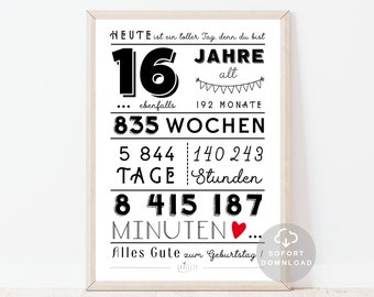 16. Geburtstag Mädchen | 16. Geburtstag Junge | Minuten, Stunden, Tage, Monate, Jahre Geburtstag | Poster | Sofort Download | ZUM AUSDRUCKEN