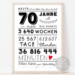 70 Geburtstag Poster | Minuten, Stunden, Tage, Monate, Jahre Geburtstag | 70. Geburtstag Deko-Karte |  Sofort Download | ZUM AUSDRUCKEN