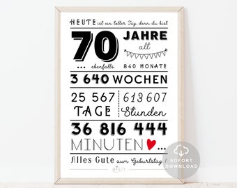 70 Geburtstag Poster | Minuten, Stunden, Tage, Monate, Jahre Geburtstag | 70. Geburtstag Deko-Karte |  Sofort Download | ZUM AUSDRUCKEN