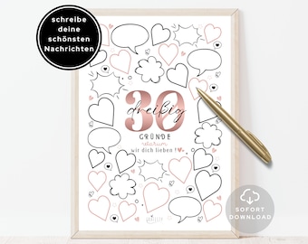 30 Geburtstag Karte Rosa | FRAU | Poster 30 Gründe, warum wir dich lieben | Personalisiertes Geschenk | Sofort Download | ZUM AUSDRUCKEN