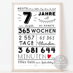 7 Geburtstag Poster | Minuten, Stunden, Tage, Monate, Jahre Geburtstag | 7. Geburtstag Deko-Karte | Sofort Download | ZUM AUSDRUCKEN