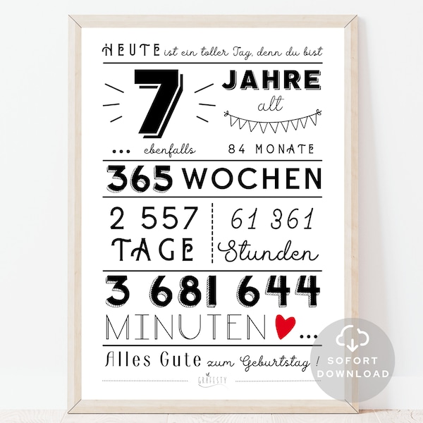 7 Geburtstag Poster | Minuten, Stunden, Tage, Monate, Jahre Geburtstag | 7. Geburtstag Deko-Karte | Sofort Download | ZUM AUSDRUCKEN