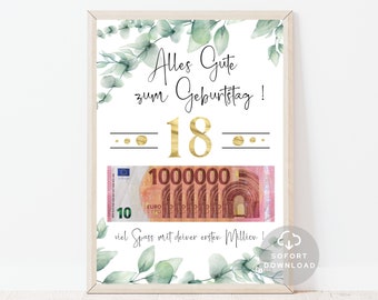 Poster deine erste million Eukalyptus | 18. Geburtstag | Geburtstag Geldgeschenk | Geschenk mit Geld | Sofort Download | ZUM AUSDRUCKEN