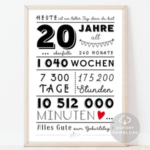 20 Geburtstag Poster | Minuten, Stunden, Tage, Monate, Jahre Geburtstag | 20. Geburtstag Deko-Karte |  Sofort Download | ZUM AUSDRUCKEN