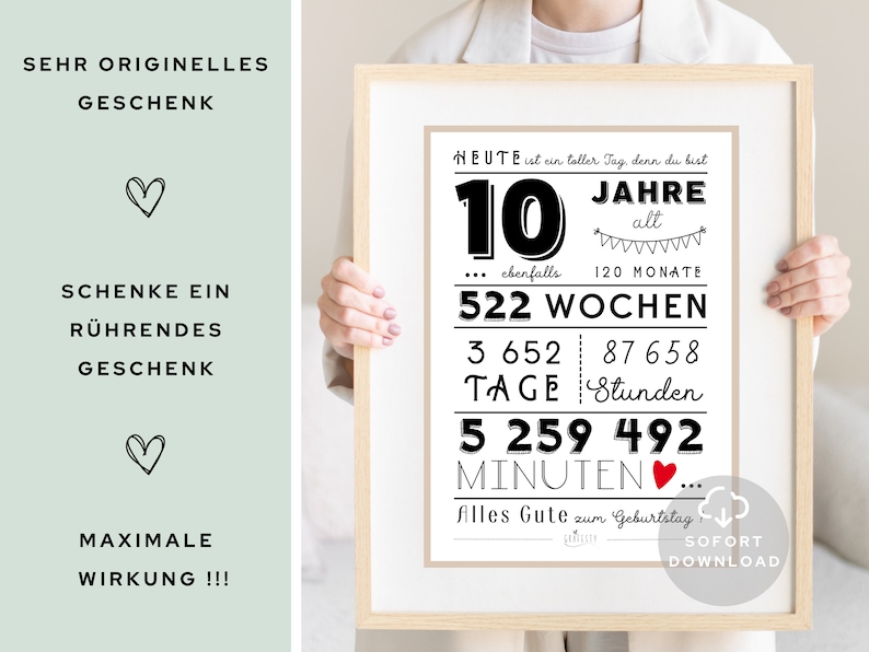 10 Geburtstag Poster Minuten, Stunden, Tage, Monate, Jahre Geburtstag 10. Geburtstag Deko-Karte Sofort Download ZUM AUSDRUCKEN Bild 2