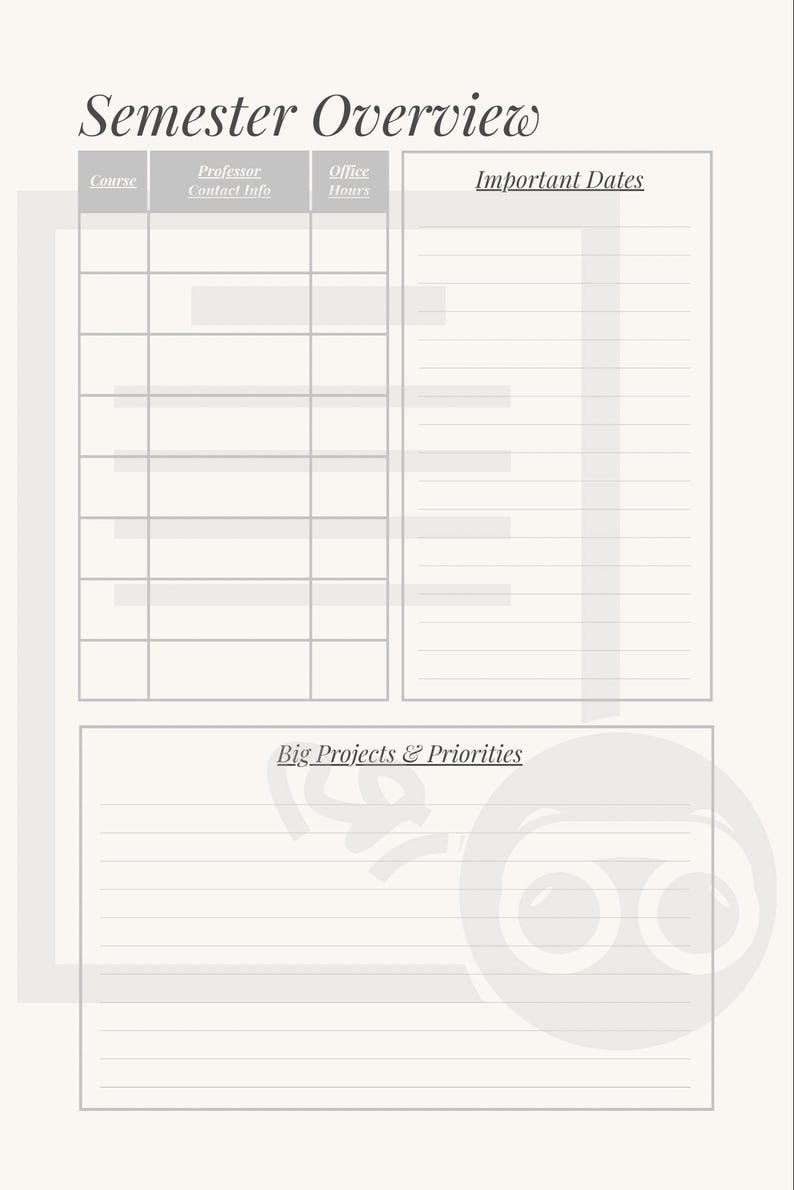 Semester Overview.pdf Student Planner | Semester Study Academic Planning (PDF Download) - Etsy