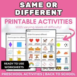 Printable Same or Different Activity Worksheets Activities for Special Education Preschool Kindergarten Toddlers Homeschool Montessori