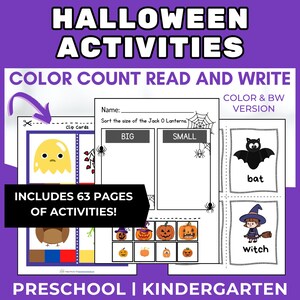 Halloween reading and math activities | color count read write worksheets Halloween activities for kids printable activity games digital PDF