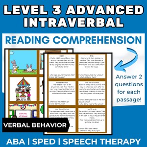 ABA Verbal Behavior Advanced Intraverbal Assessment Level 3 | READING COMPREHENSION Printable aba materials card for sped rbt bcba bcaba slp