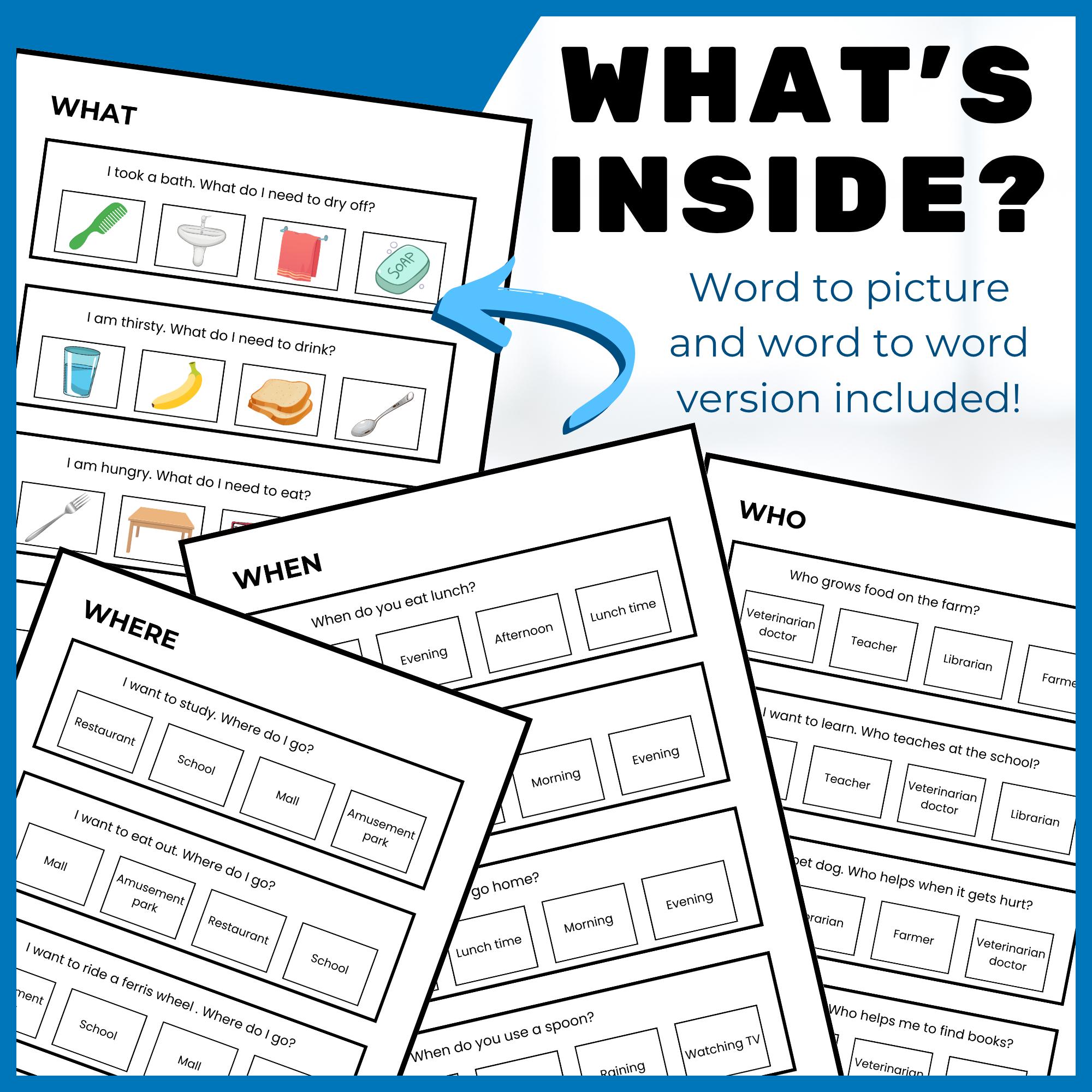 Verbal Inference Task Verbal Behavior ABA 80 WH Questions Task Cards for Intraverbal and LR ...