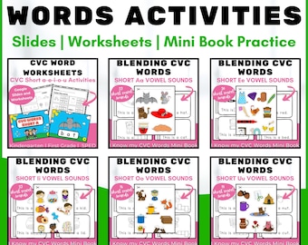 BUNDLE Phonics CVC Words Worksheets for Kindergarten, Printable CVC Phonics Word Families, Literacy Worksheets, Phonics Reading Worksheets