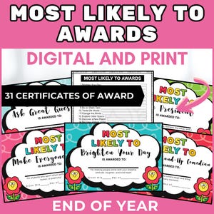 Most Likely to Awards Editable, Award Certificates Editable, End of Year Activity, Year End Student Awards, Classroom Awards Templates
