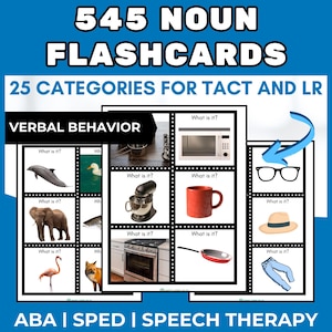 Puede incluir: Tarjetas didácticas con el texto "545 NOUN FLASHCARDS" y "25 CATEGORIES FOR TACT AND LR". Las tarjetas son para la conducta verbal y la terapia del habla, con imágenes de un delfín, pato, elefante, etc.