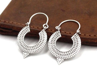 Boho Silver Minimalist Tribal Hoop Earrings, Bohemian Textured Crescent Shape, Lightweight Ethnic Statement Jewelry for Women, Artisan Gift