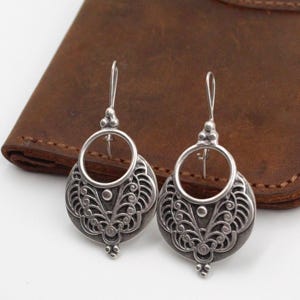 Vintage Style Boho Silver Dangle Earrings, Filigree Tribal Ethnic Drop Earrings, Bohemian Jewelry for Women, Circular Ornate Design