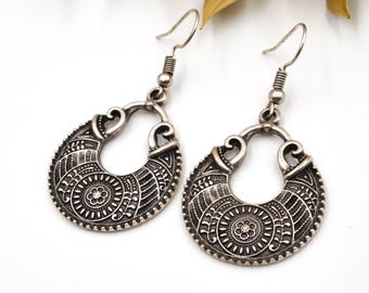 Boho Antique Silver Dangle Earrings, Bohemian Ethnic Jewelry for Women