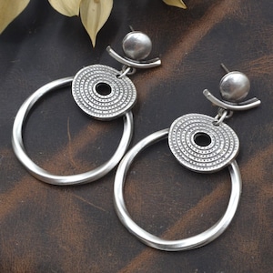 Boho Silver Hoop Dangle Stud Earrings, Textured Circular Design, Ethnic Bohemian Jewelry for Women, Handmade Tribal Artisan Gift For Her