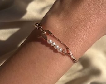 Bracelet chaîne trombone en or rose 18 carats avec perles, chaîne à double maillons délicate pour femme, cadeau pour elle, bijoux élégants minimalistes en perles