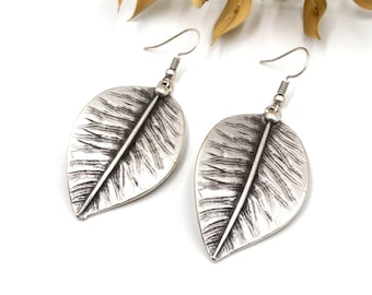 Boho Antique Silver Leaf Earrings, Ethnic Dangle Earrings, Textured Bohemian Nature Jewelry, Lightweight Statement Gift for Her