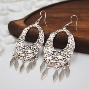 Boho Oxidized Silver Filigree Tribal Chandelier Earrings, Lightweight Textured Oval Ethnic Design with Dangling Bohemian Charms for Women