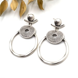 Boucles D’Oreilles Créoles Argent Boho, Design Circulaire Texturé, Bijoux Bohème Ethnique Pour Femme, Cadeau Artisanal Fait Main