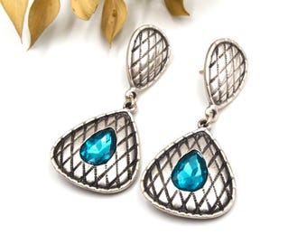 Boho Silver Dangle Earrings: Turquoise Zircon, Ethnic Statement Jewelry