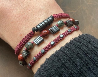 Mens Gemstone Bracelet Set, Beaded Stack Bracelets for Men, Bloodstone, Hematite, Burgundy Macrame Minimalist Boho Jewelry, Boyfriend Gift