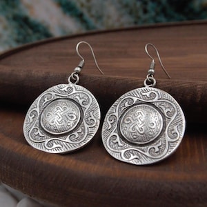 Handmade Antique Silver Boho Dangle Earrings, Engraved Round Design with Tribal Motifs, Textured Ethnic Bohemian Jewelry Gift for Women