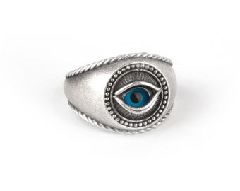 Adjustable Silver Evil Eye Ring, Lightweight Boho Statement Ring, Ethnic Tribal Bohemian Jewelry