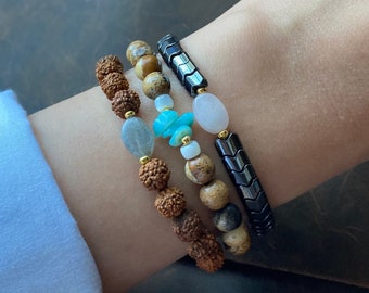 Ensemble de bracelets de pierres précieuses, quartz rose, labradorite, nacre bleue, Rudraksha, pierre d’hématite, bracelets de pile de pierres précieuses perlées pour femmes