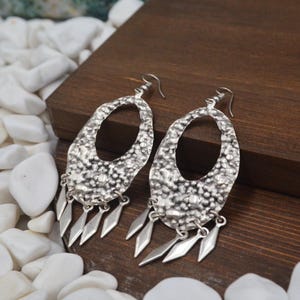 Boho Oxidized Silver Filigree Tribal Chandelier Earrings, Lightweight Textured Oval Ethnic Design with Dangling Bohemian Charms for Women