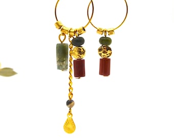 Boho Gold Hoop Dangle Earrings with Red Jasper Green Jasper Jade Stones, Bohemian Ethnic Jewelry, Handmade Tribal Gemstone Gift for Women