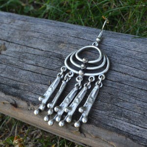 Boho Silver Dangle Earrings with Long Textured Fringe, Handmade Ethnic Statement Jewelry Gift for Women, Tribal Festival Chandelier Earrings