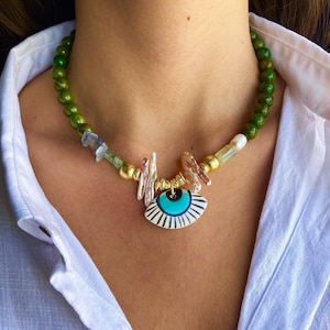 Collier Mauvais Œil, Jade Vert Nazar Multi-Pierres Boho, Améthyste Perle Pendentif Céramique, Collier Statement Spirituel