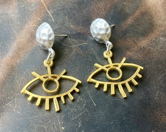Gold and Silver Ethnic Eye Earrings, Bohemian Statement Dangle Drop Evileye Earrings for Women, Womens Boho Jewelry