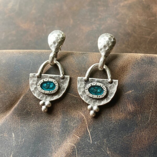 Pendientes colgantes de plata boho con esmalte azul, joyería étnica boho para mujer, regalo para ella, pendientes colgantes