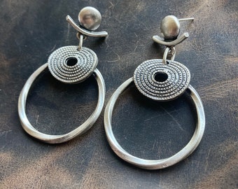 Boho Silver Dangle Hoop Earrings, Ethnic Bohemian Jewelry for Women, Gift For Her, Dangling Festival Style Statement Earring