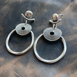 Boho Silver Dangle Hoop Earrings, Ethnic Bohemian Jewelry for Women, Gift For Her, Dangling Festival Style Statement Earring