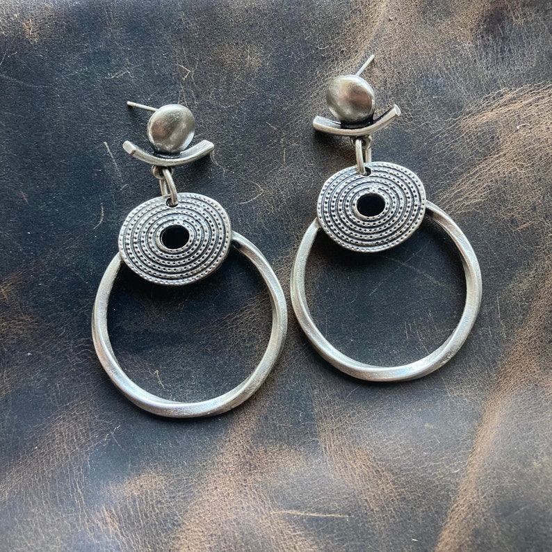 Boho Silver Dangle Hoop Earrings, Ethnic Bohemian Jewelry for Women, Gift For Her, Dangling Festival Style Statement Earring