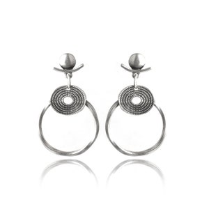 Boho Silver Dangle Hoop Earrings, Ethnic Bohemian Jewelry for Women, Gift For Her, Dangling Festival Style Statement Earring