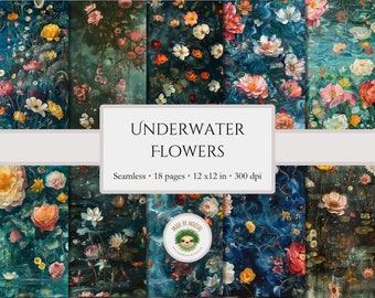 Underwater Flowers Digital Paper, Renaissance Inspired Painting Floral Seamless Pattern, Pretty Magical Vintage Baroque, Commercial Use PNG