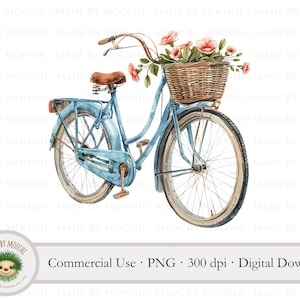 May include: A watercolour illustration of a pale blue bicycle with a wicker basket overflowing with pink flowers. The bicycle features a brown leather seat and handlebars. The image includes the text "Commercial Use • PNG • 300 dpi • Digital Download".